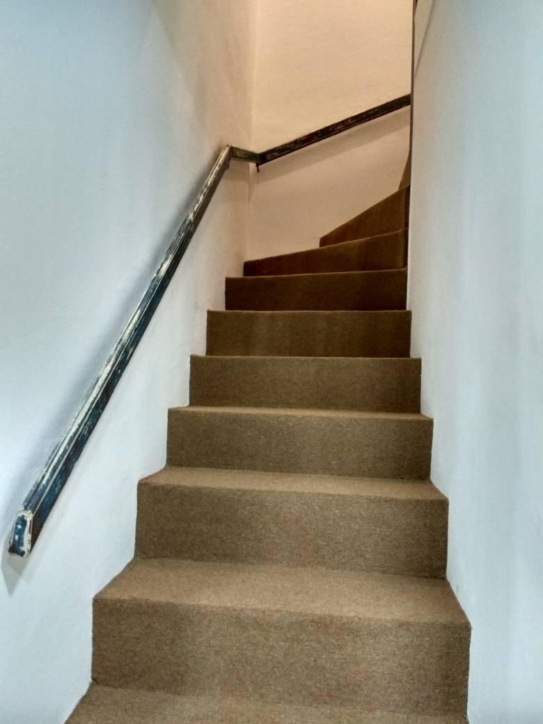 A staircase with beige carpeting leads upward, featuring a simple handrail along one side. The walls are painted white, creating a bright and clean ambiance. The staircase is designed for easy navigation, with a smooth curve visible in the ascent.