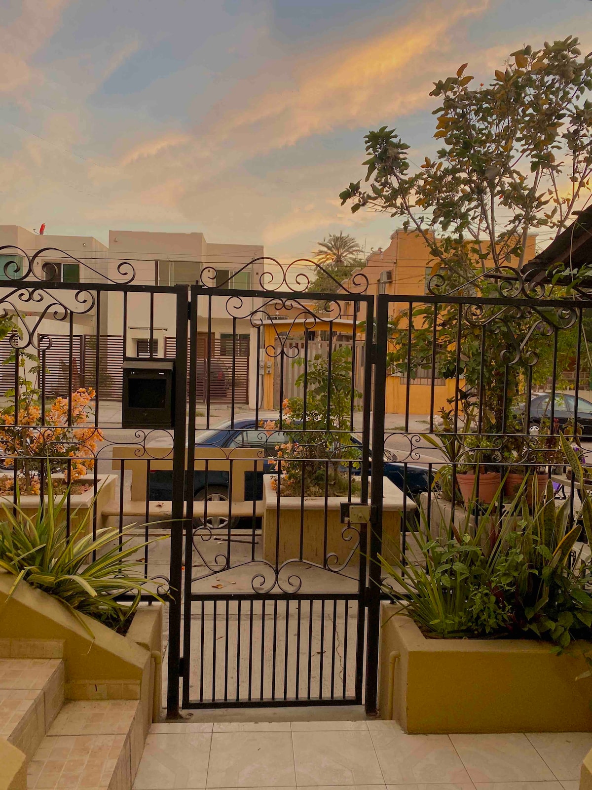 A decorative wrought iron gate opens to a landscaped entrance. Lush green plants and ornamental flowers frame the view, while stepping stones lead to the vibrant street scene beyond. The sky is softly illuminated with warm tones as the day transitions to evening.
