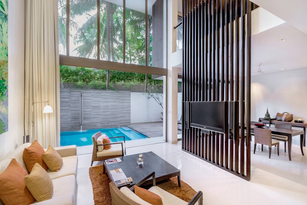 living room and pool area