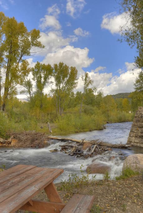 Durango Colorado waterfront vacation rental cabin river pond fly fishing canoe picnic table on river island