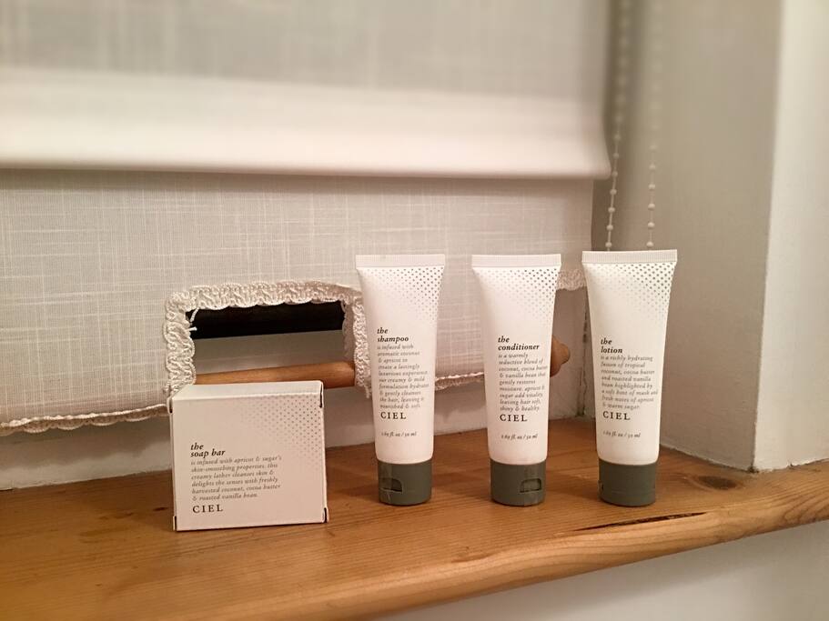 Soap, shampoo, conditioner, body lotion