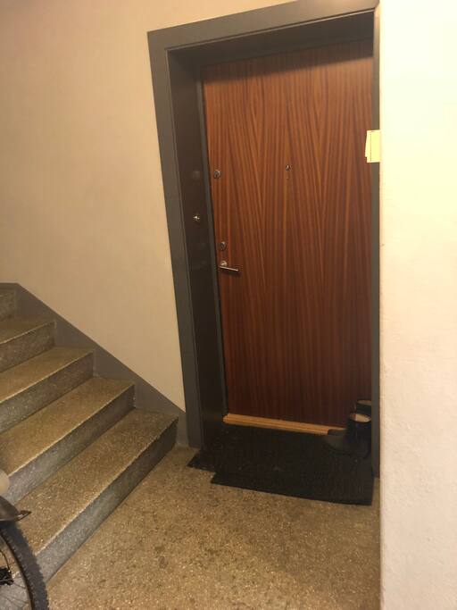 The door of the apartment, on the ground floor.