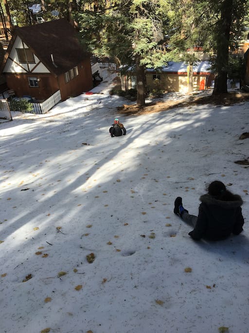 Back yard is perfect for sledding and playing!