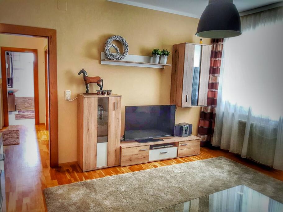 LED-TV und Hifi-System mit DVD Player im Wohnzimmer