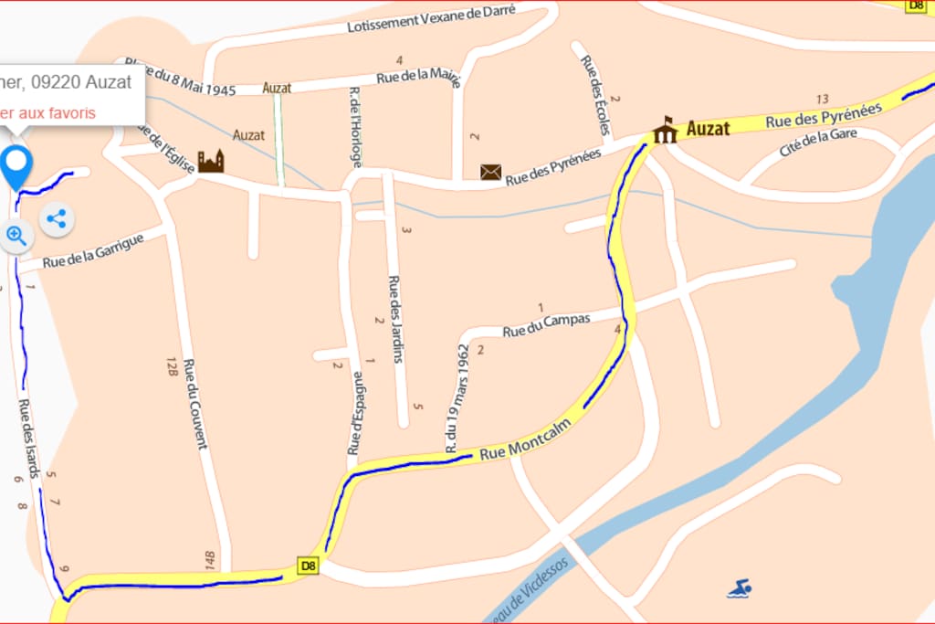Plan d'Auzat. Pour bien arriver à votre location, suivez le tracé bleu.