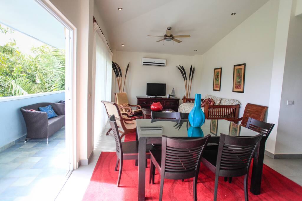 vista de sala de tele, comedor y parte del balcon / View from the tv room, dinning room and a bit from the balcony.
