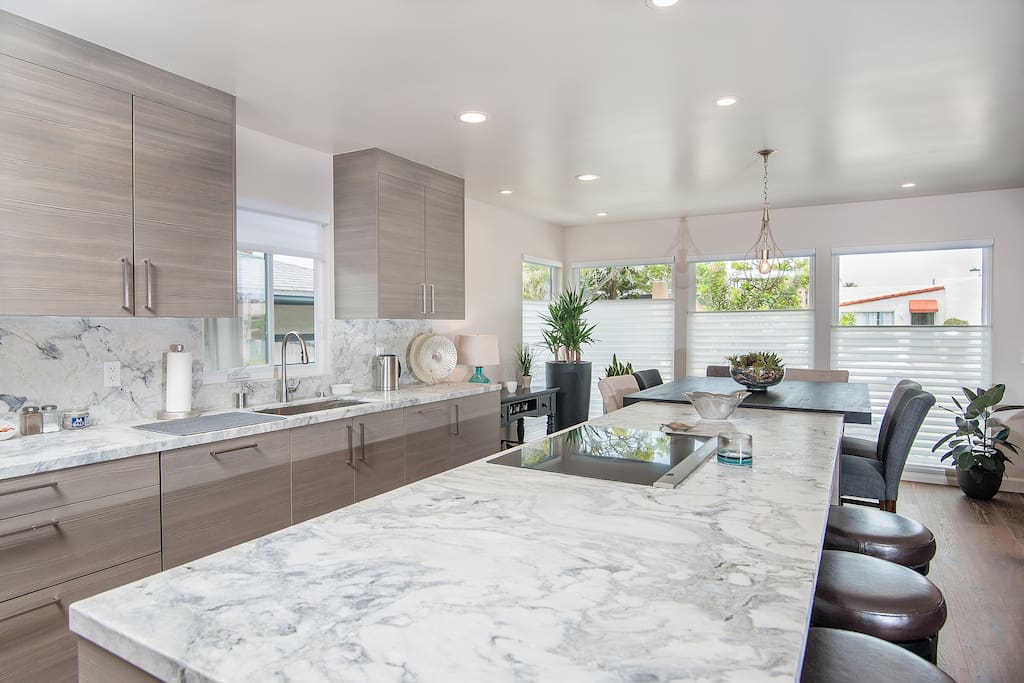 State-of-the-Art, fully furnished kitchen with stainless Bosch appliances, beautiful Quartzite Counters and induction cooktop, in kitchen dining, open concept living room with Catina patio doors for indoor/outdoor living: opens up to a large wood deck and backyard for outdoor coastal living. Whole House has Quiet A/C & NEST Smart Thermostat!