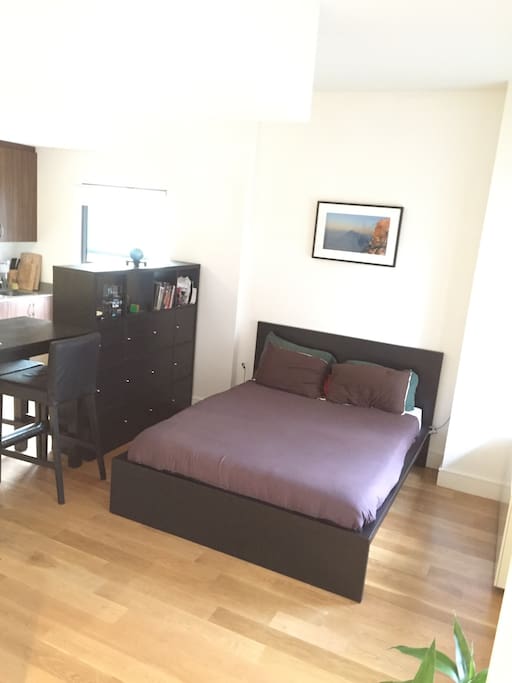 Queen bed with a brand new Casper mattress.