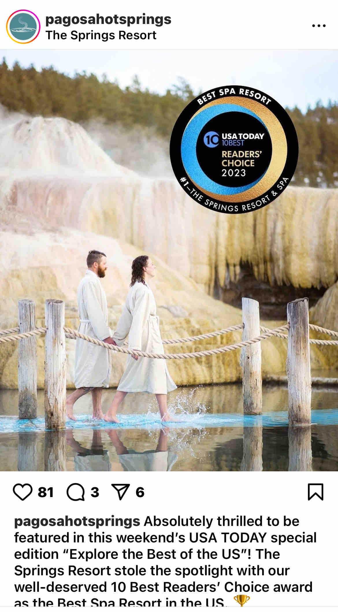 Two individuals are seen standing in a serene outdoor setting, wearing cozy bathrobes. The background features tranquil water, surrounded by lush greenery. An award badge titled 'Best Spa Resort' is prominently displayed, indicating recognition for the spa experience offered.