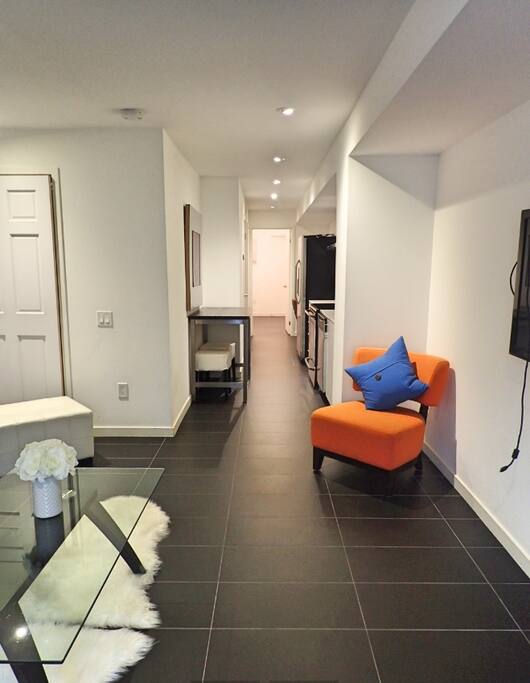 View from entryway showing gallery kitchen