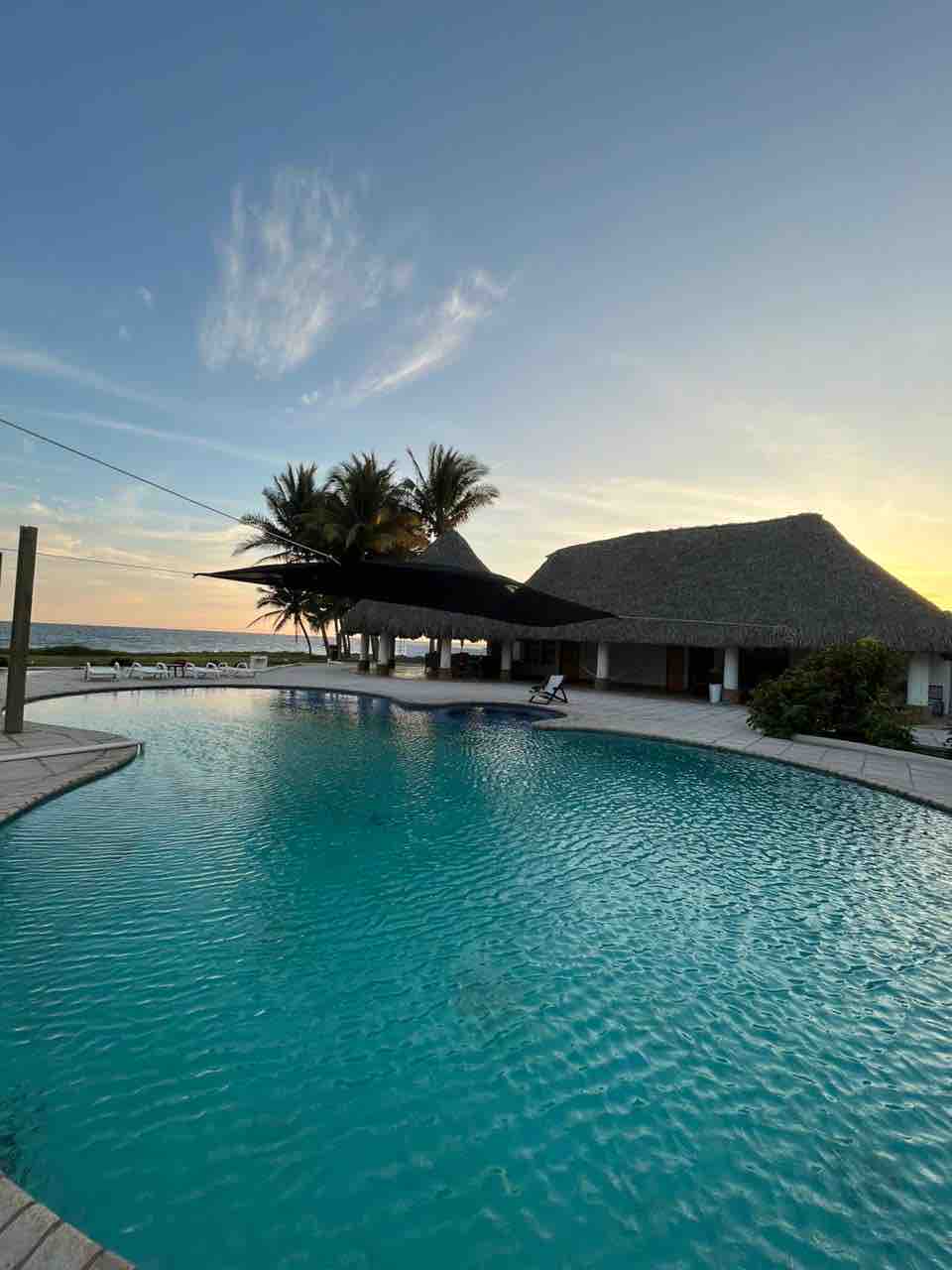 A spacious pool with a tranquil blue surface reflects the evening sky, surrounded by a wooden deck. Tropical palm trees provide a natural backdrop, while a thatched-roof structure is visible nearby. Lounge chairs are arranged along the poolside, inviting relaxation.