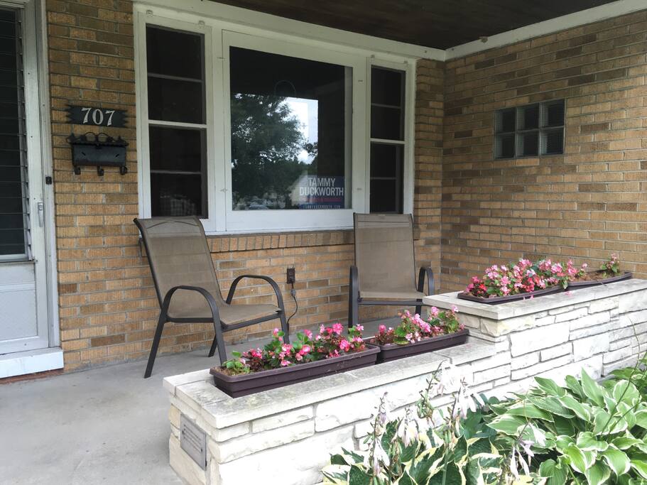 You are welcome to hang out on the front porch. The yard is very pleasant. The chairs are in storage between Thanksgiving and Tax Day.