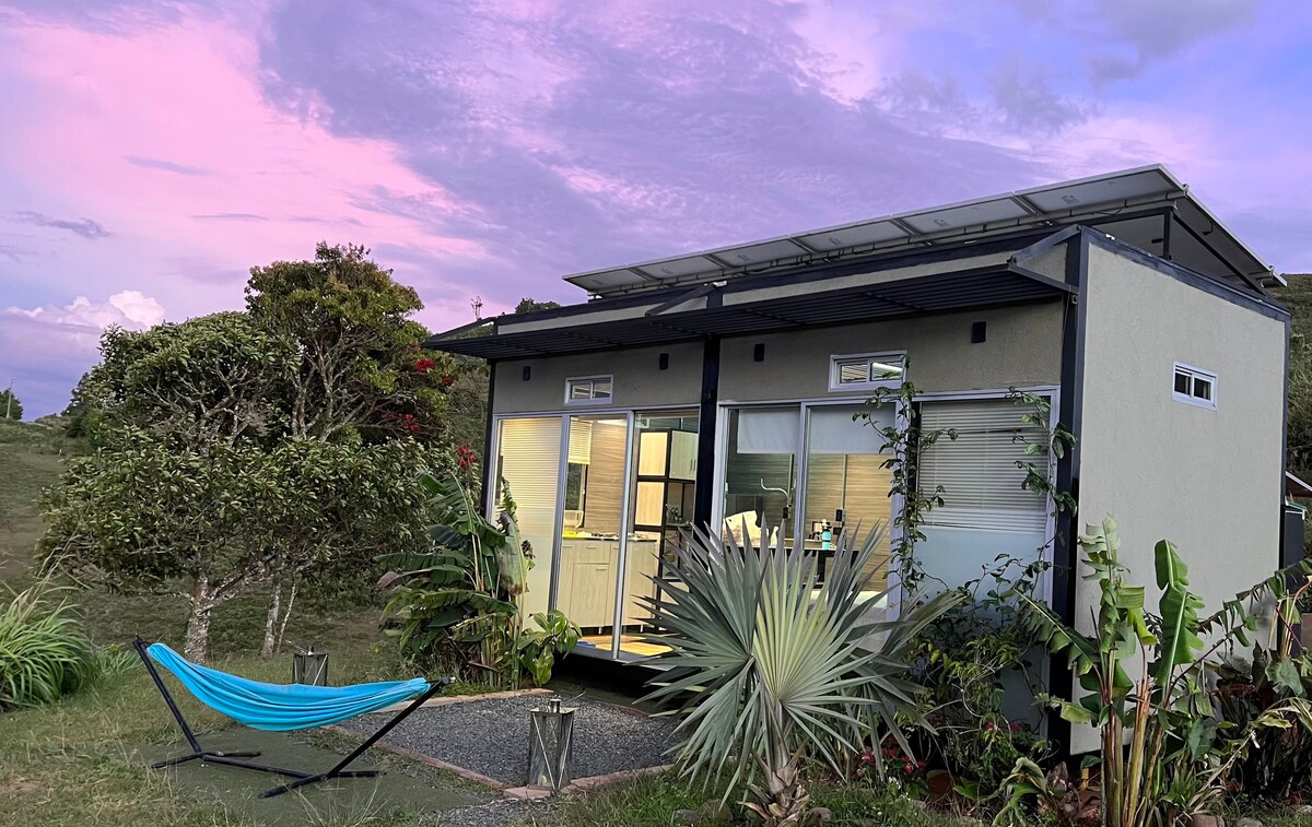 A modern cabin is set against a pastel sky, featuring large windows that open to a bright kitchen area. A hammock is positioned in the lush garden, surrounded by greenery, contributing to a serene outdoor setting.