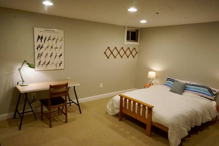 Basement living area with desk and double futon bed