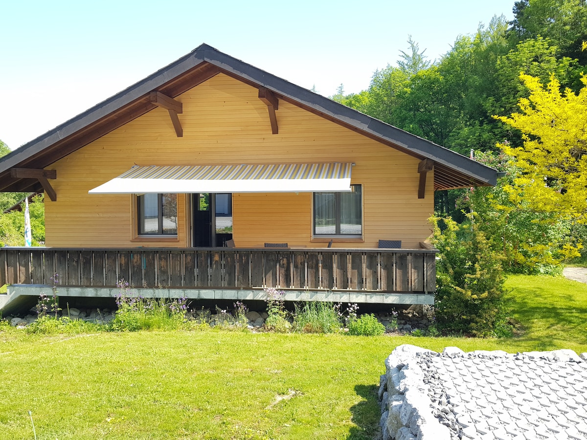The chalet's exterior showcases wooden siding and a sloped roof, complemented by a covered porch with seating. Lush greenery surrounds the property, with light streaming in from the open windows. A well-maintained lawn enhances the inviting setting.