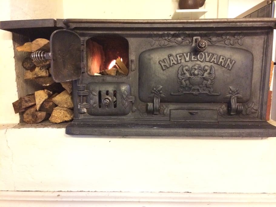 Wood-burning stove in kitchen, use autumn to spring
