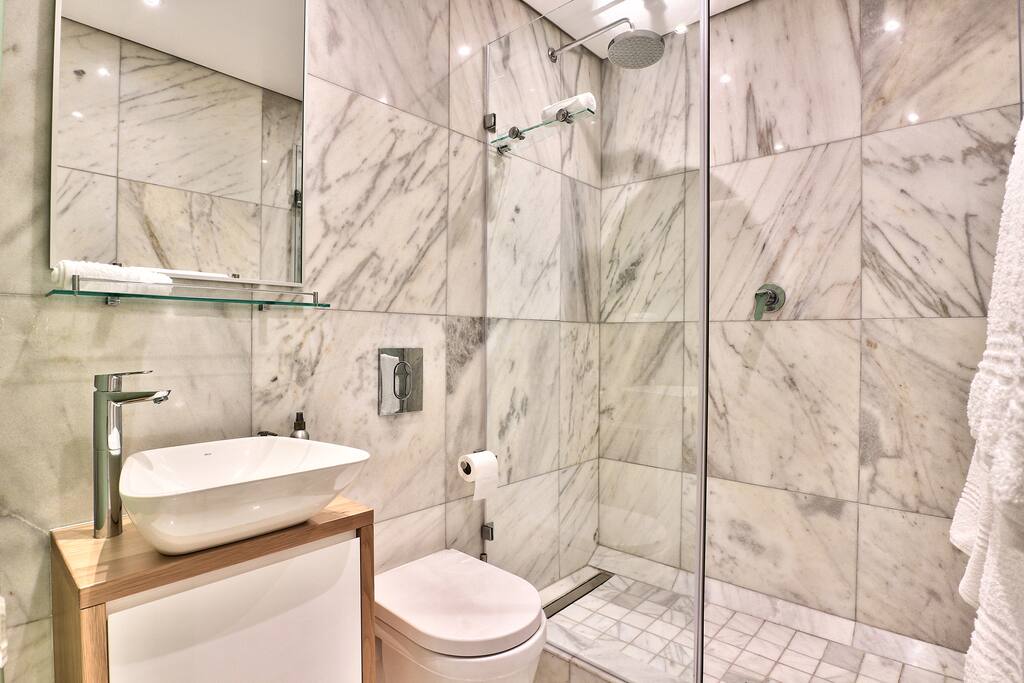 Bathroom with heated towel rail