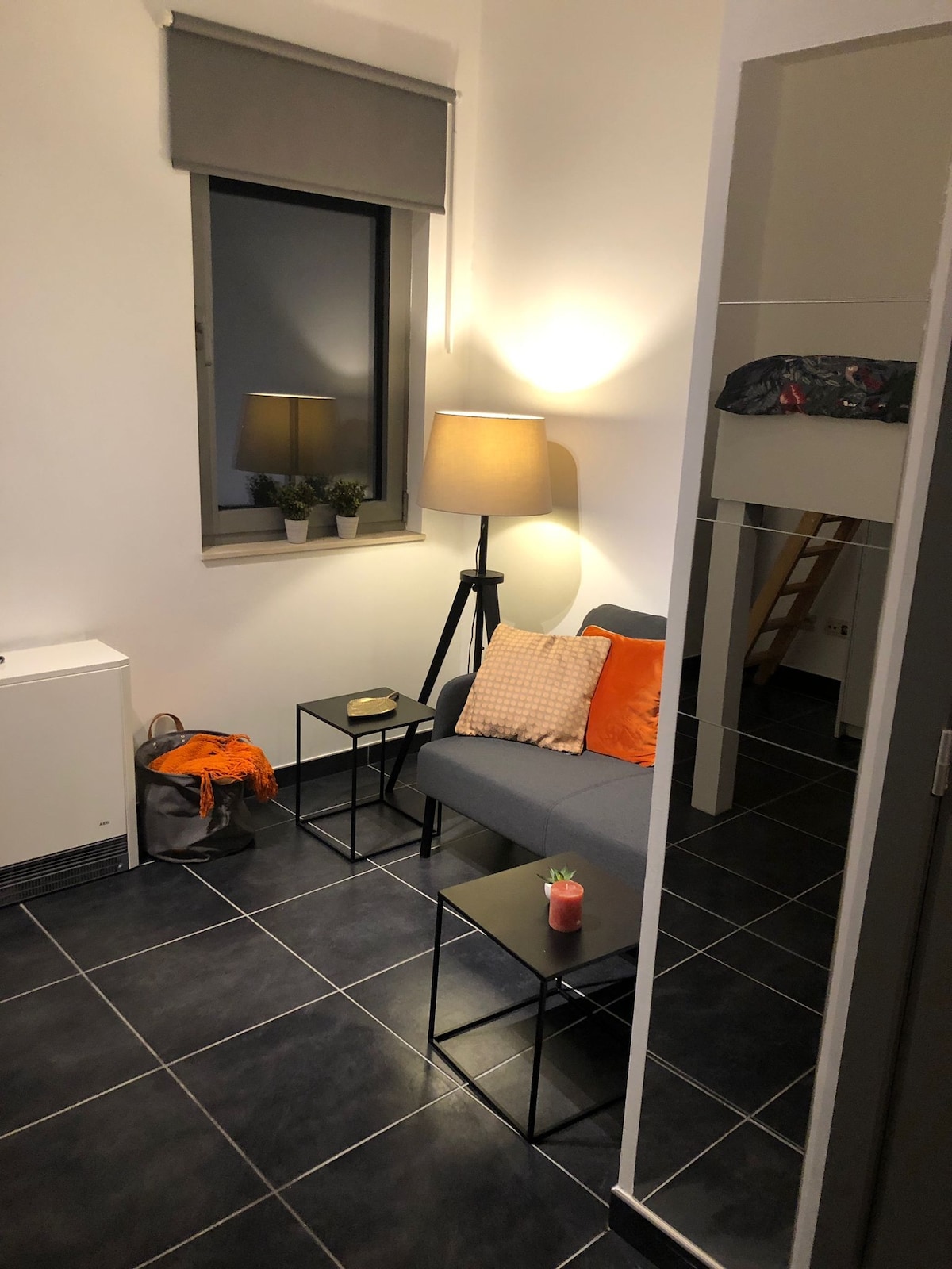 A compact living area features a gray sofa complemented by orange decorative pillows. Two small black tables are positioned nearby, with a small potted plant on one. A standing lamp provides gentle illumination, and a mirror reflects the minimalist decor.
