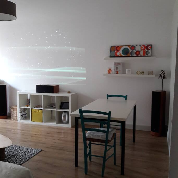 salon équipé rétroprojecteur home cinéma, salle à manger