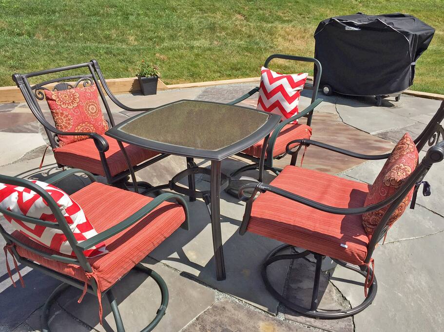 Gorgeous mountain stone patio with gas grill and gas fire pit
