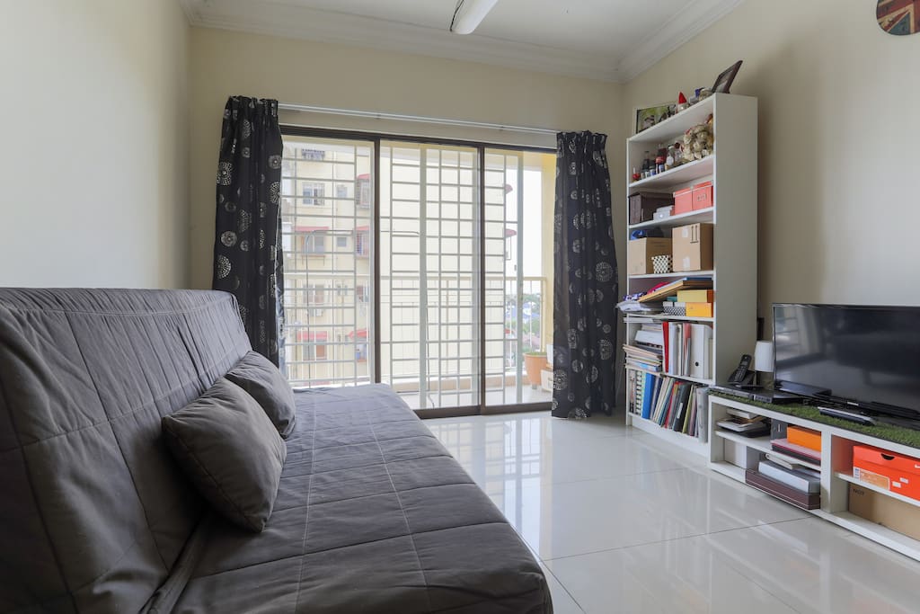 Living room with a comfortable sofa bed.