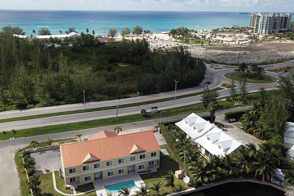 Aerial shot of condo and beach