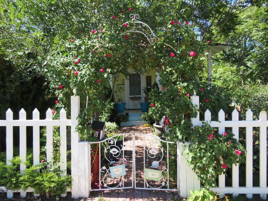 Come inside by entering through our antique gate and surrounded by flowers, trees, grass, and lots of little this's and that's.