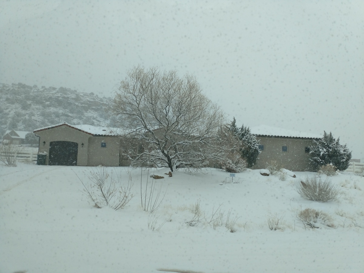 A custom-built home is seen covered in a layer of soft snow, surrounded by a blanketed landscape. A tree stands prominently in the foreground, while snowflakes gently fall, creating a serene winter atmosphere. The garage and exterior features are partially obscured by the snowfall.