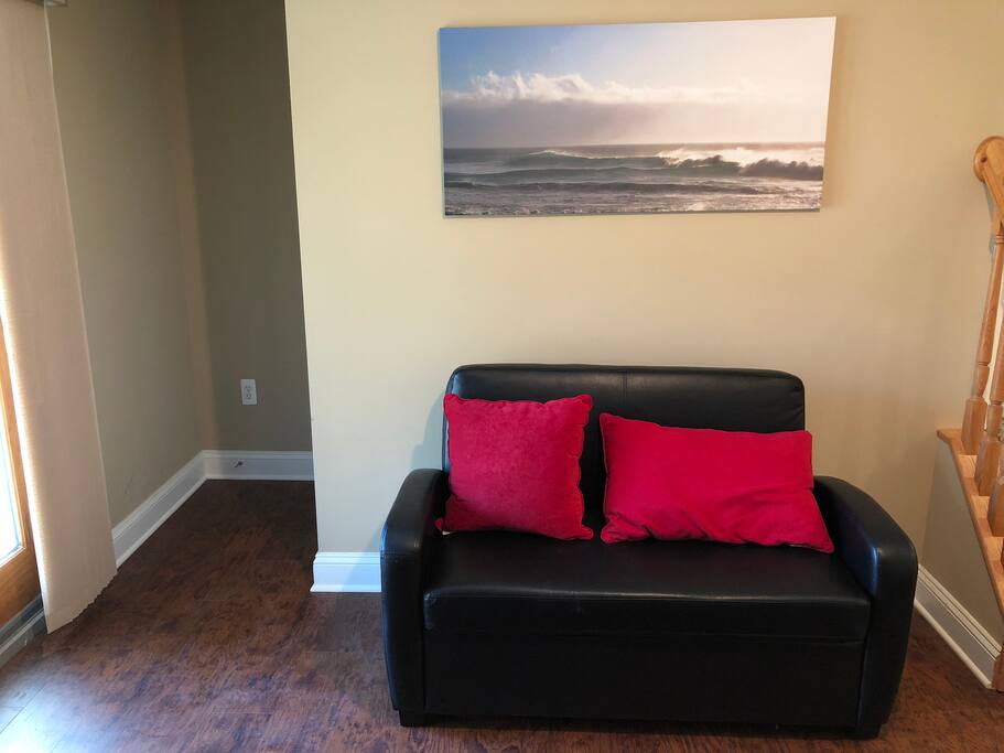 From the front door, on your left is this love seat for taking shoes on/off, relaxing and it also folds out into a twin size sleeping space for 1