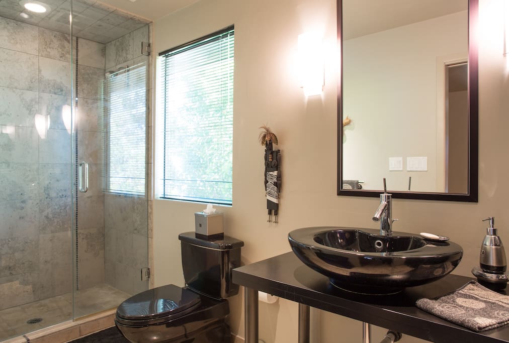 Master Bath with limestone walk in shower.