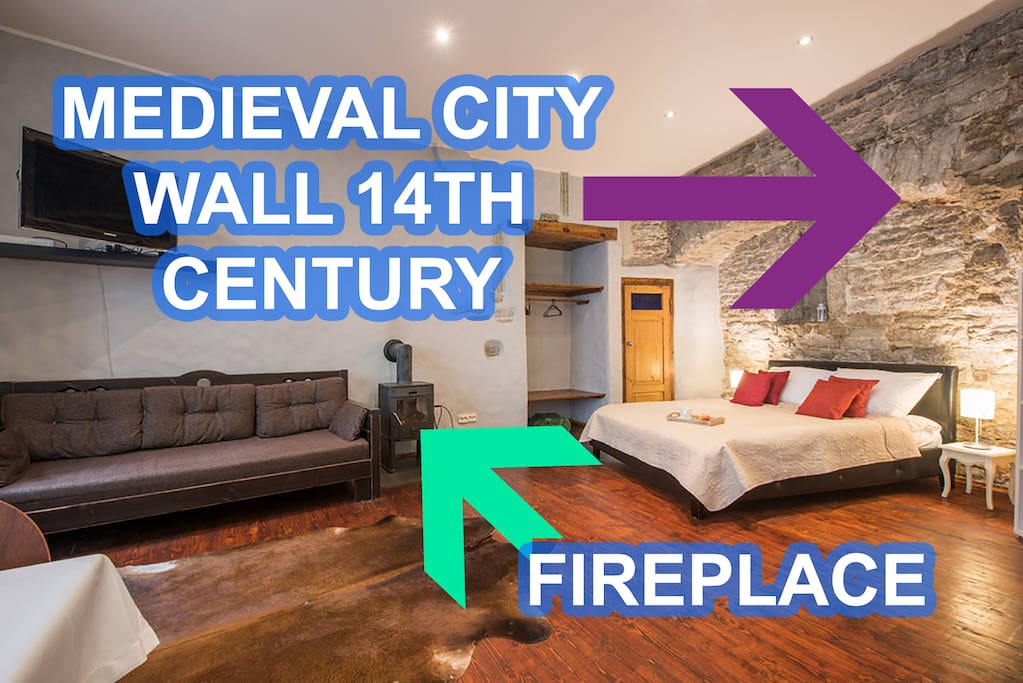 Unique apartment with built in Tallinn City Wall dated 14th century! The apartment is equipped with a fireplace with woods to make you warm and comfortable.