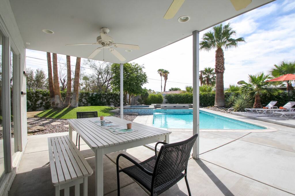 Patio one has full shade, double ceiling fans and lights