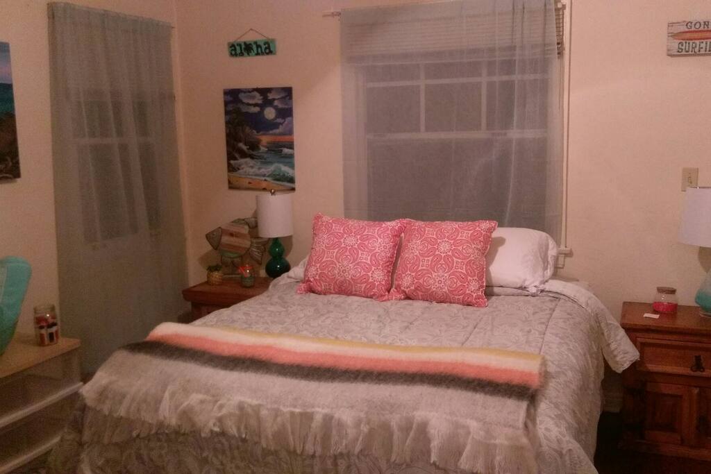 Your room features a queen size bed, walk-in closet, AC unit, ceiling fan, empty drawers, and plenty of light and fresh air.