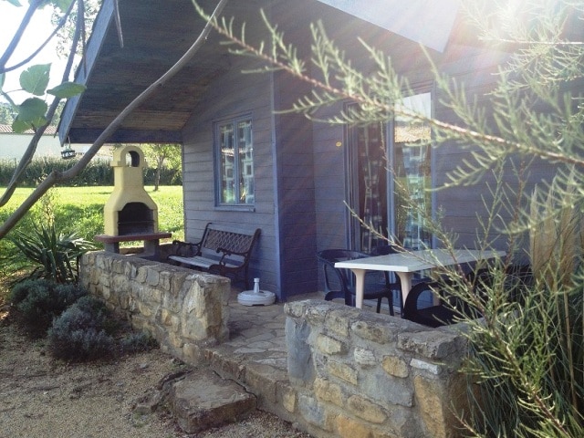 The exterior of the wooden chalet is surrounded by greenery, featuring a stone patio with a charcoal grill and a wooden bench. Light filters through the leaves, illuminating the cozy space. Large windows provide views of the manicured lawn and inviting outdoor environment.
