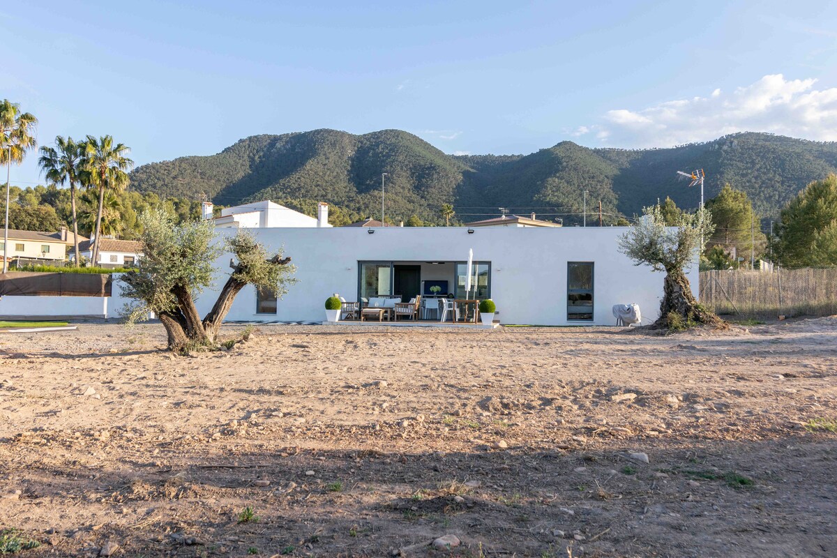 A modern villa is positioned against a backdrop of rolling hills and green trees. The structure features large glass doors opening to an outdoor area. Two ancient olive trees frame the foreground, enhancing the connection to the natural landscape.