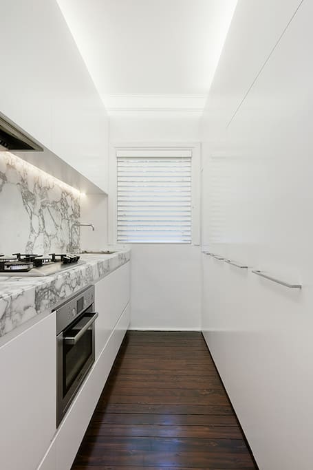 The newly renovated galley style kitchen with European appliances and Italian marble.