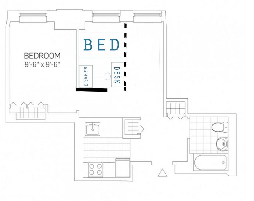 Floor plan of the space. A partition screen divides the living room.