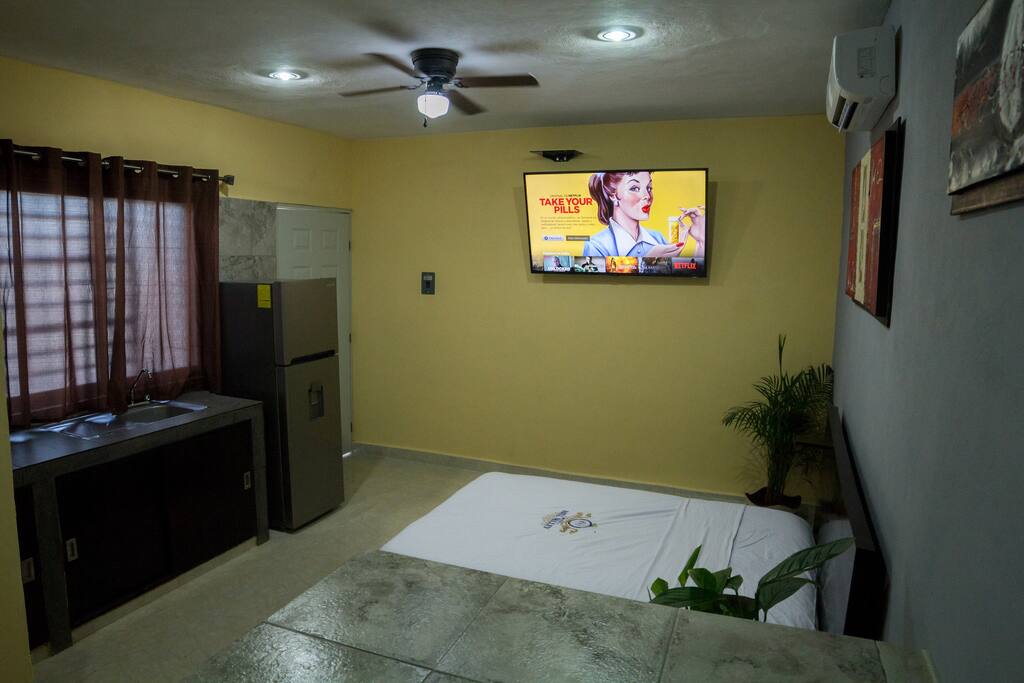 El cuarto tiene todas las comodidades para pasarlo excelente. Televisión de 55" con Netflix.