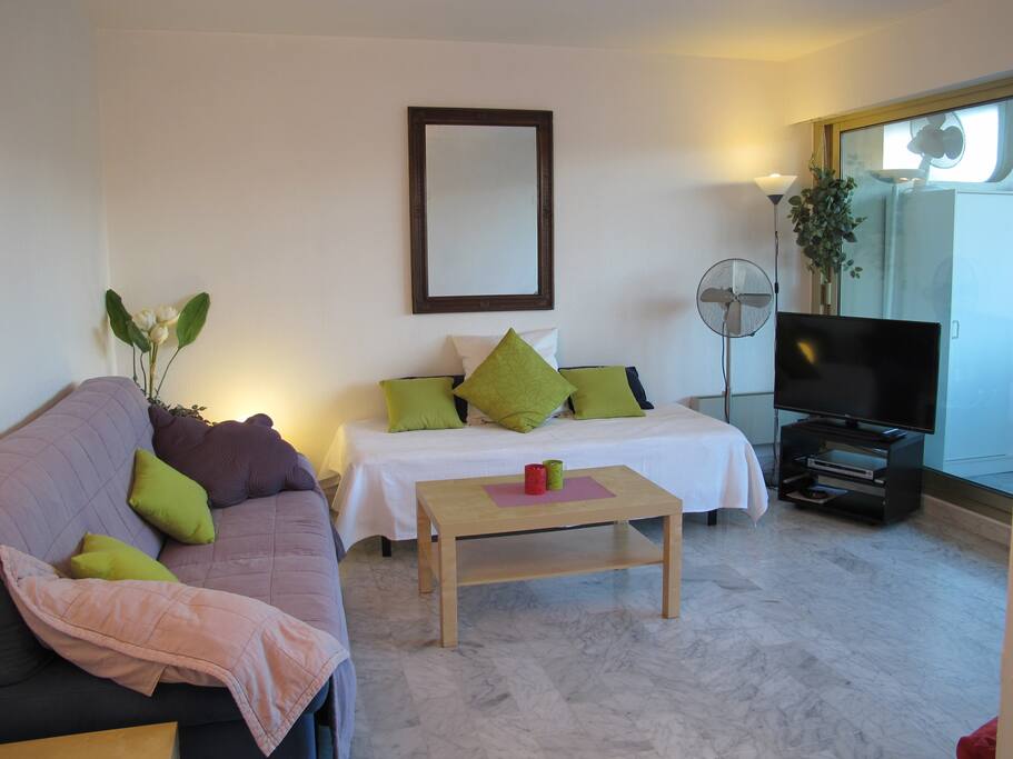 Salon donnant sur grand balcon fermé.