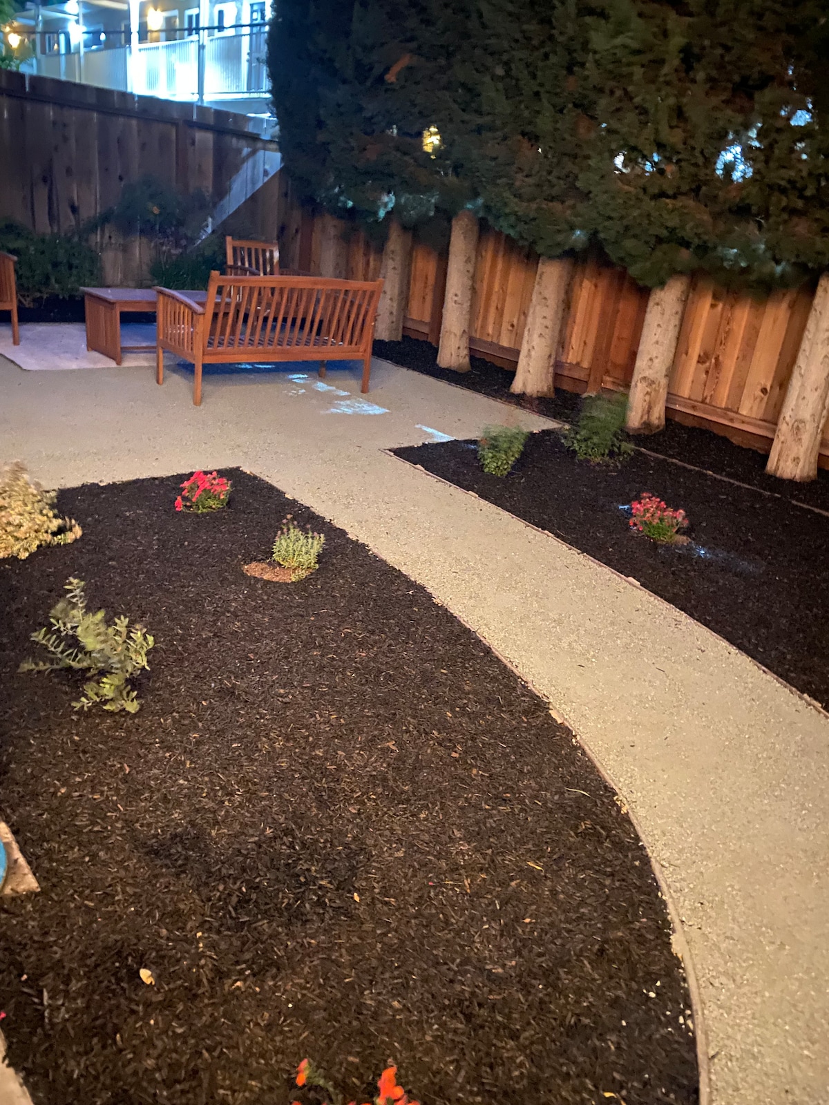 A serene private backyard is outlined by a winding pathway and bordered by tall trees. Comfortable wooden seating is visible on a stone patio area. A variety of flowering plants and greenery are arranged along the gravelly ground, enhancing the peaceful outdoor space.