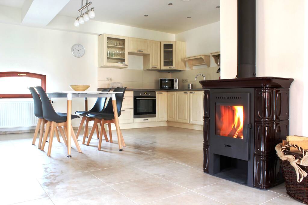 Kitchen with a fireplace