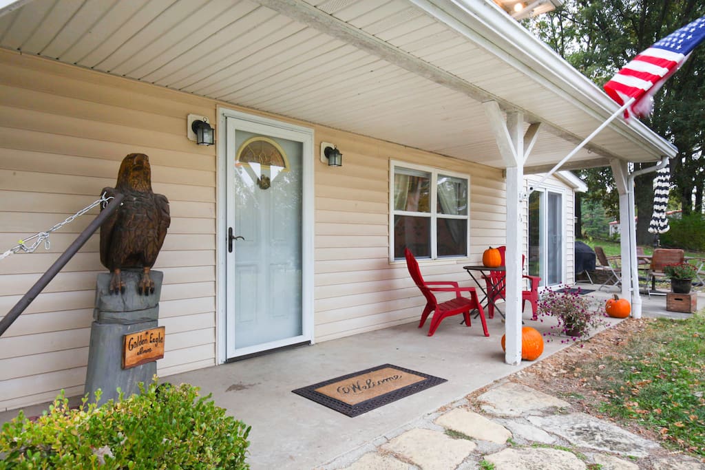 Two entrances front door and sliding door to Mudroom at end of porch.