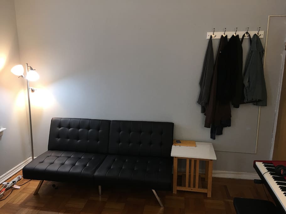 The bedroom and the futon.