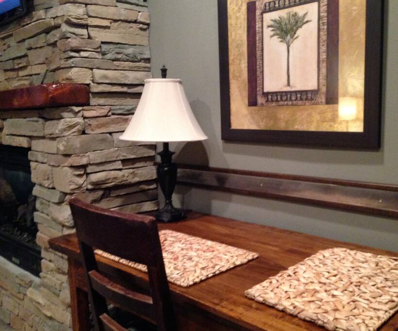 Stone fireplace, dining table