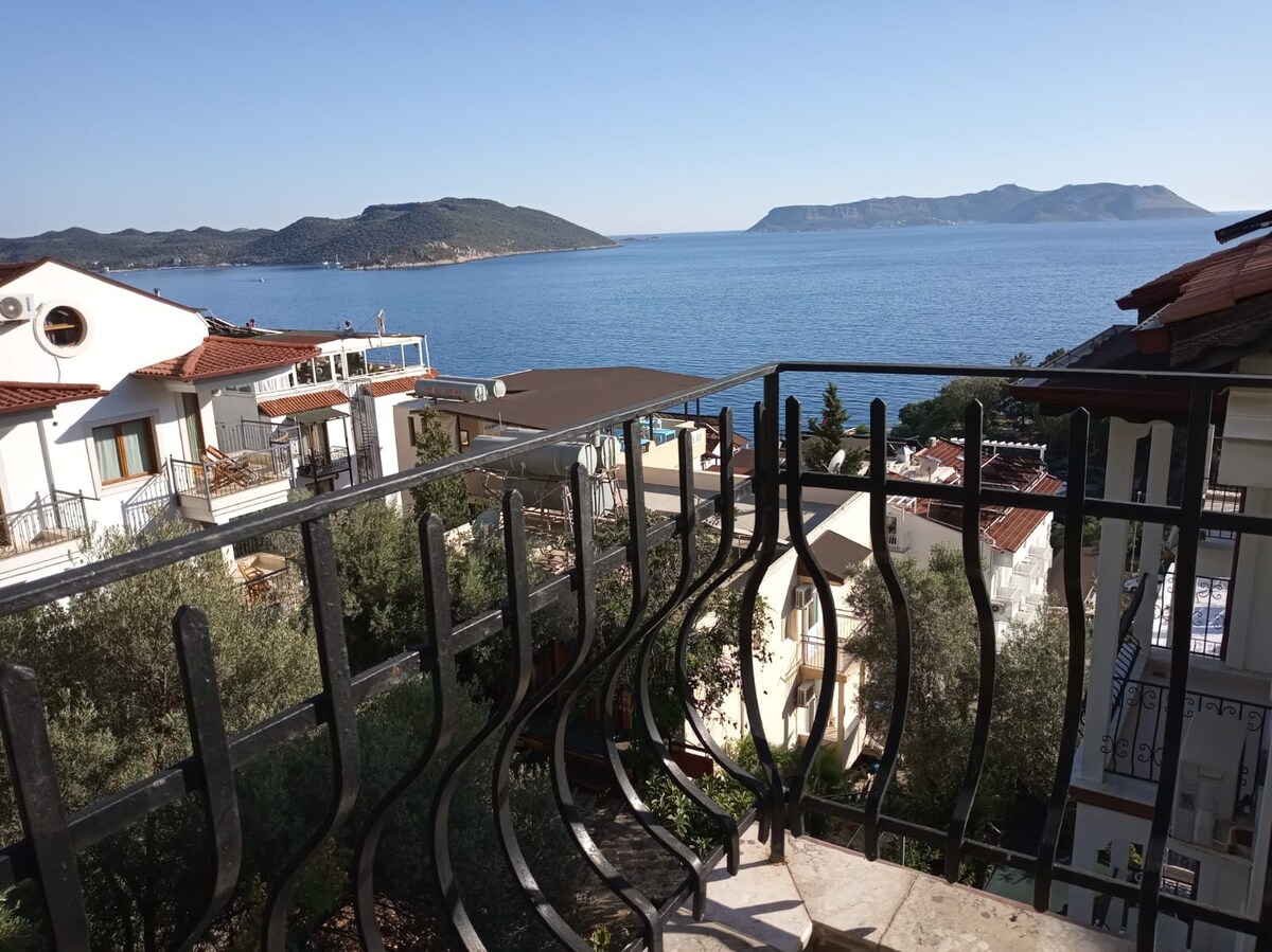 A balcony railing with an intricate design overlooks the azure sea, framed by distant hills and coastal vegetation. Nearby rooftops provide a glimpse of the town, while the clear blue sky enhances the scenic view.