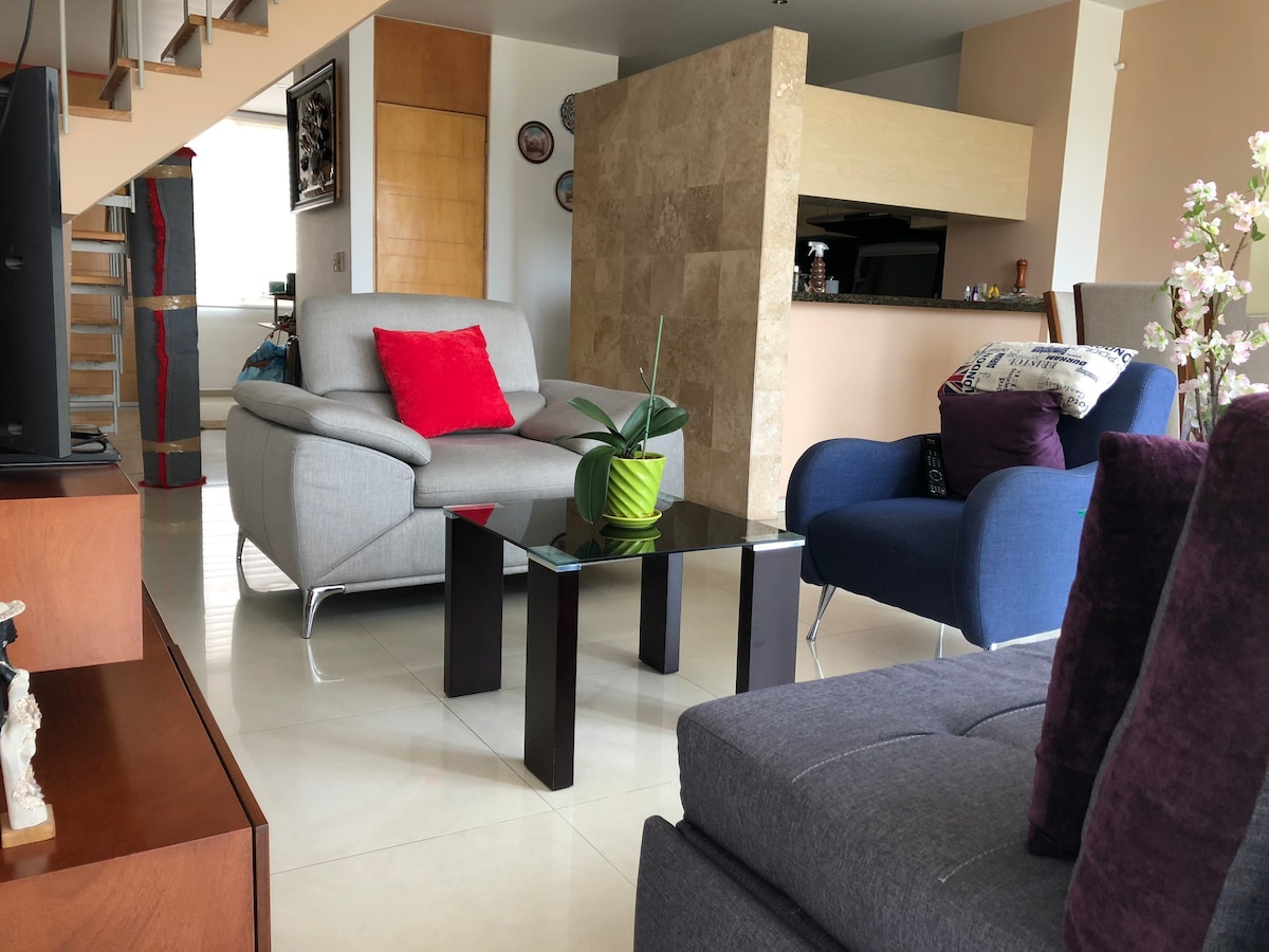 An inviting living area is featured with a mix of seating options, including a grey sofa with a decorative red pillow and a blue armchair. A sleek black glass table rests in the center, complemented by a green plant. The background reveals a staircase and an open kitchen space.