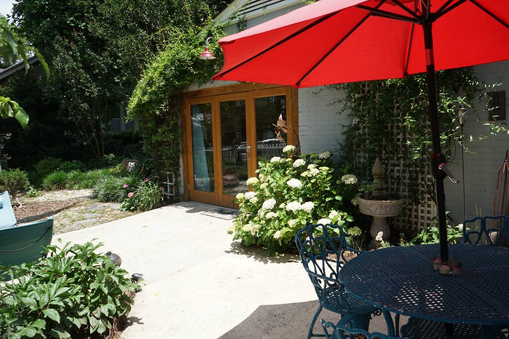 Private patio with quaint garden.