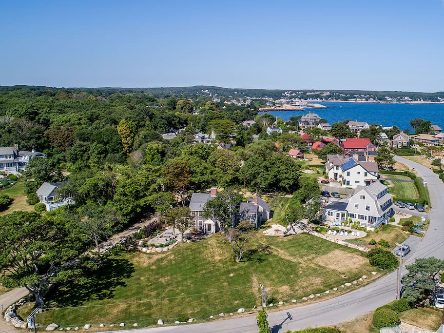Straitsmouth Cove-Front exterior of the home, aerial view.