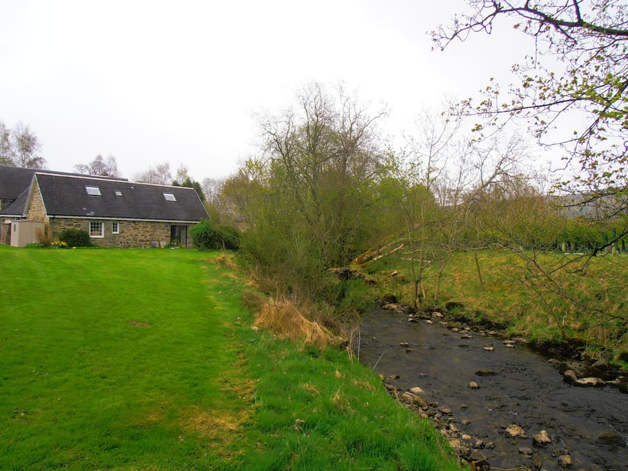 View of Camserney Burn and the rear of the cottage