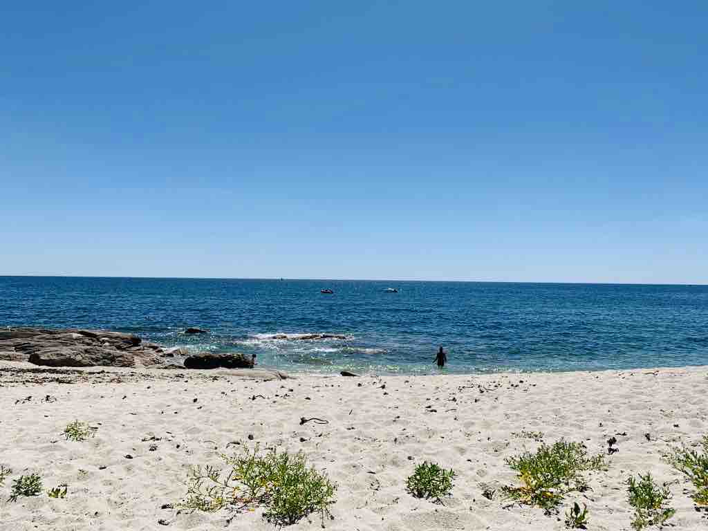 A sandy beach stretches towards calm blue waters under a clear sky. Gentle waves lap at the shore while scattered rocks and small patches of greenery are visible in the foreground. The tranquil scene includes a distant figure wading into the water.